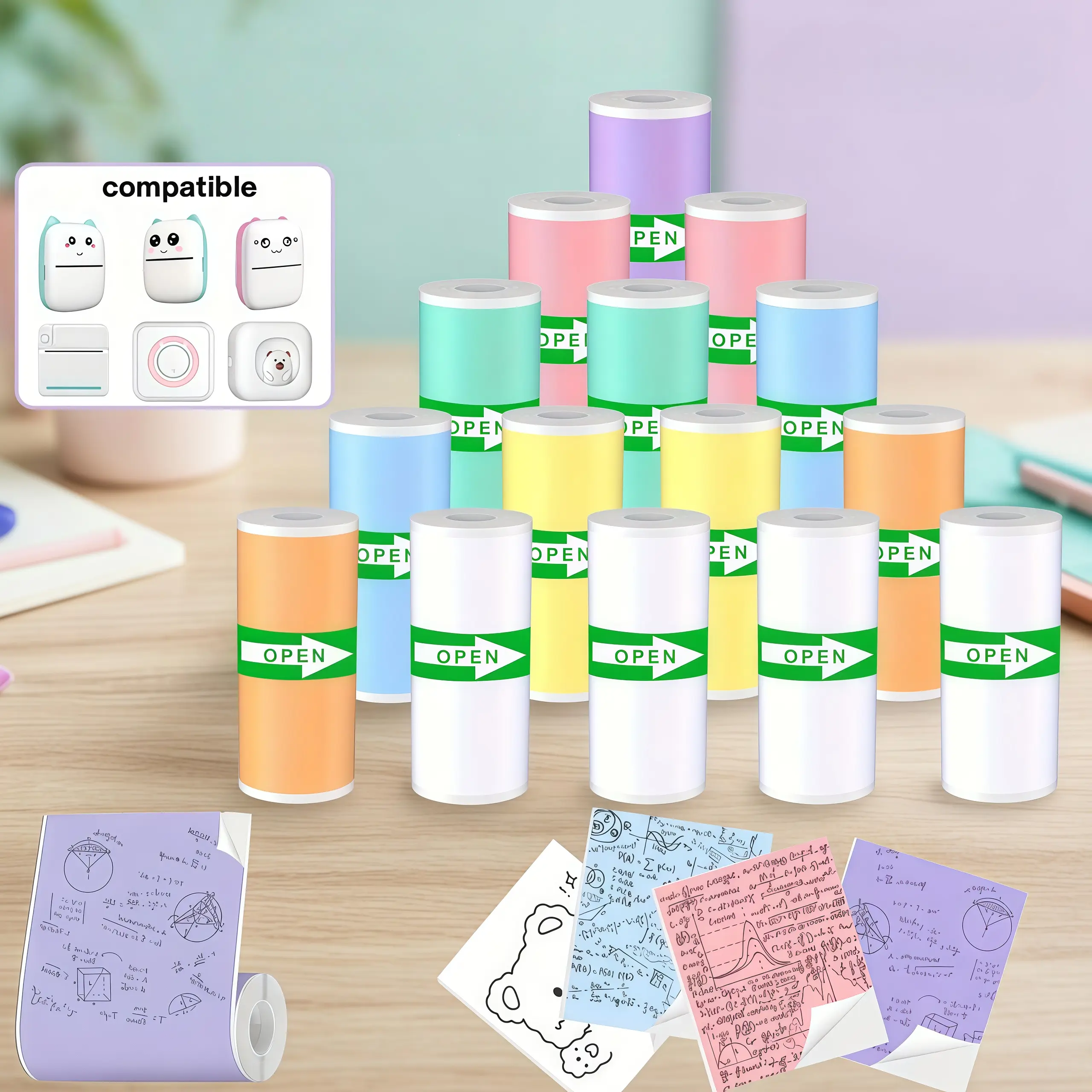 Pastels Multicolor Self-Adhesive Continuous Printing Paper (9/18 Rolls, 57mm Wide) - Lightweight, Compatible with Most Portable Mini Printers, Ideal for Study Notes, Document Sorting