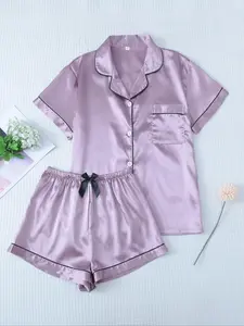 Two-Piece Set Women's Contrast Binding Lapel Pocket Shirt & Elastic Waist Shorts Satin Pyjama Set, Button Front Short Sleeve Top & Bow Decor Shorts PJ Set, Summer Sleepwear Set Pajamas