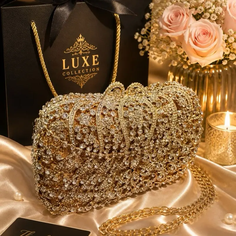LUXE COLLECTION Gold Rhinestone Clutch Bag with Chain Strap for Elegant Events and Parties