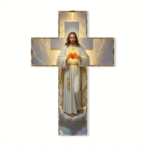 Heart-Shaped Wooden Cross Wall Decor, Handmade Art Hanging Ornament for Home Living Room Church, Ideal Christmas Thanksgiving Easter Decoration