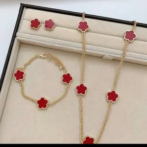 Gold Plated Clover Flower Jewelry Set - Earrings Necklace Bracelet Ring with Red Enamel Accents