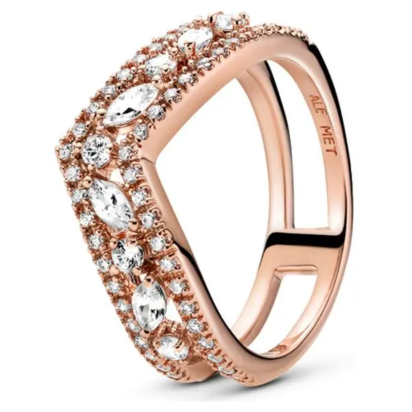 PANDORA Sparkling Marquise Double Wishbone Ring, Rose Gold-Plated Double Band Hand-Finished Silver Ring, 189095C01-54