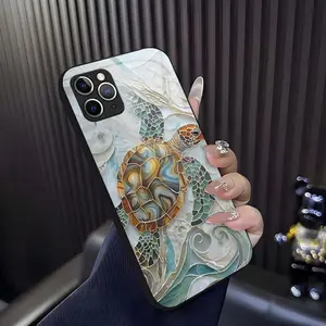 Mosaic Sea Turtle Adorable Glass Phone Case for [iPhone 11 Pro]  Aesthetic Ocean Wave Shell Texture Hard Cover Girly & Chic Style 952