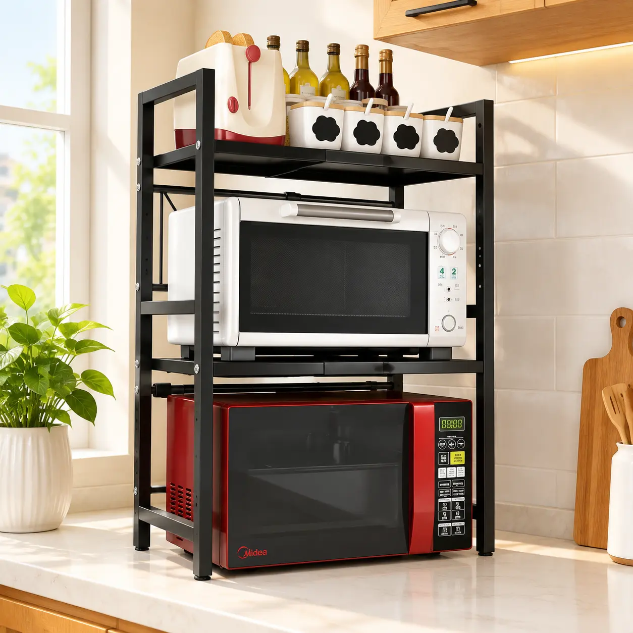 YUNRUICHI Microwave Oven Rack, 42-64cm Expandable Carbon Steel 2-Tier Black Kitchen Counter Organizer, 25.2 x 14.2 x 31.1 In, 6 Hooks, Adjustable Height Shelf For Toaster Oven And Air Fryer