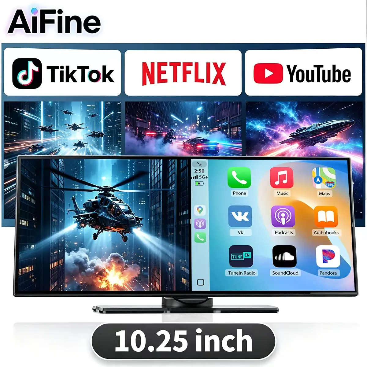 【SummerFinds】AiFine 10.25-inch CarPlay screen - Supports Netflix,TikTok,and YouTube Apps, Split-Screen App Usage, 1080P Backup Camera Support, Navigation, and Voice Assistant. Compatible with iOS 10+ and Android 11+