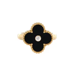 Pre-owned Van Cleef & Arpels Vintage Alhambra Ring 18K Yellow Gold with Onyx and Diamond by Rebag