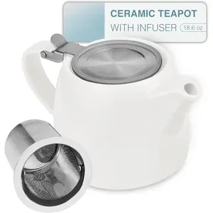 Ceramic Teapot with  Infuser - Small  Pot for Loose Leaf  - 550ml / 18.6 Oz Porcelain Non-Stove Teapot for 2 Cups with  Strainer (White)