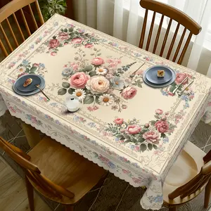 VESPRI Vintage Floral Tablecloth Suitable for Spring and Summer Decor, Pink Rose Hydrangea Sunflower Design with Lace Edging, Machine- Rectangular/Round/Oval Table Cover for Indoor/Outdoor Parties, Weddings, Easter -