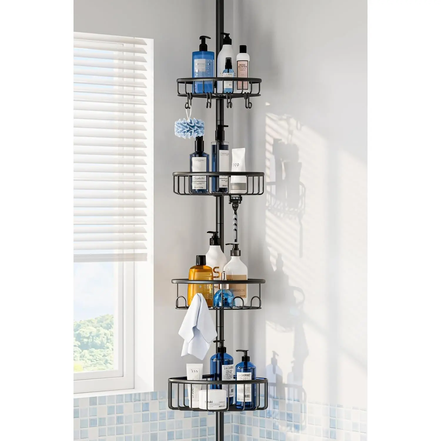 Stainless Steel Rustproof Hollow 4-Tier Corner Shower Tension Pole Organizer, Removable 121in Adjustable Floor-Standing Bathroom Shelves for Bathtub Shampoo Storage, Black Bathroom Tension Rod Rack