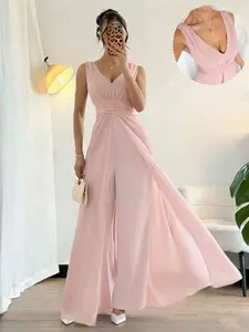 Raffinéa Elegant V-Neck Pleated Waist Pearl Chiffon Wide Leg Jumpsuit, Suitable For Wedding Guest Attire, Purple Summer Elegant Jumpsuit Long Jumpsuit With Skirt Overlay Vacation Dinner Jumpsuit Pink Wide Leg Jumpsuit Pink Jumpsuit Prom Jumpsuit Women's J