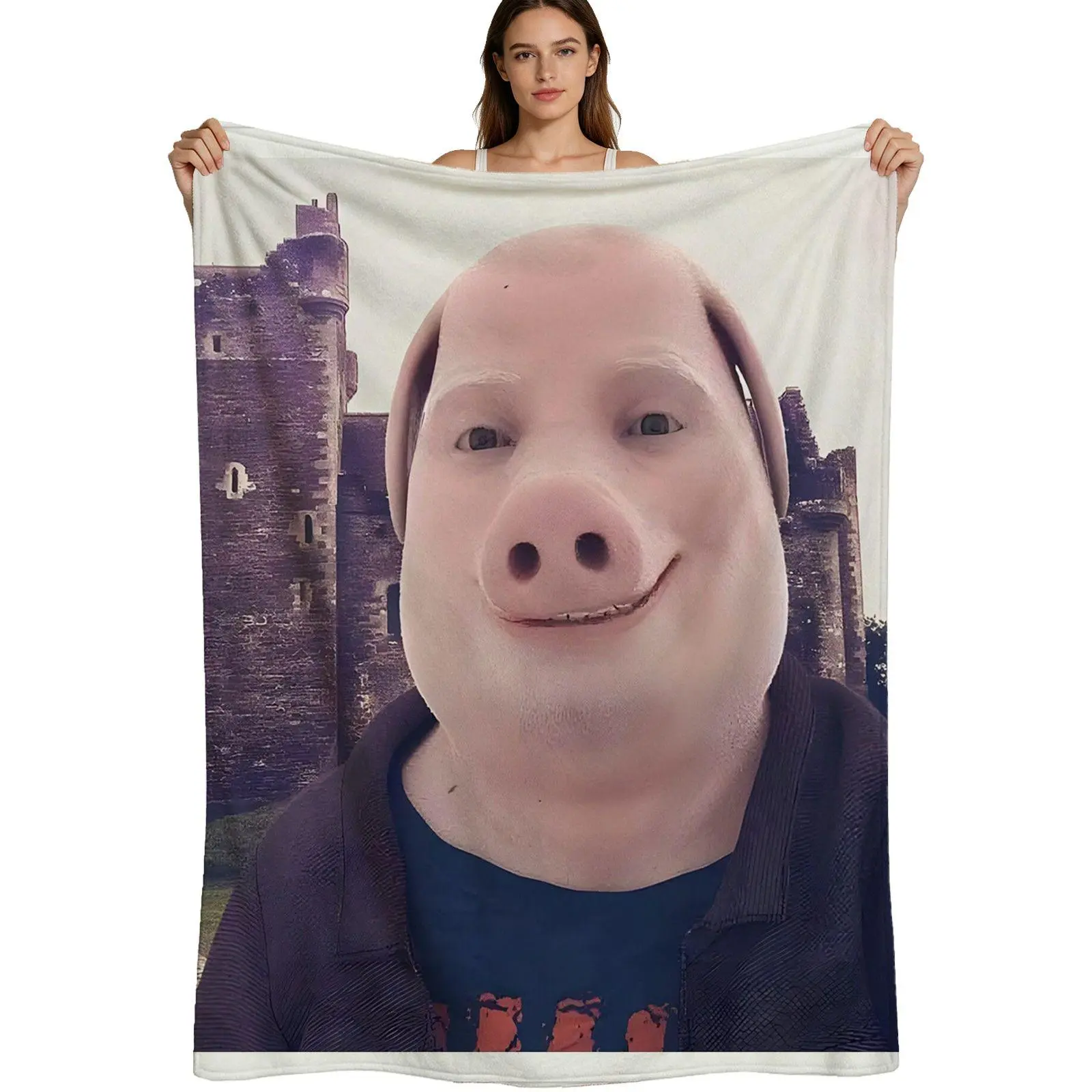 Funny Pig Mask, Warm Flannel Blanket, Quirky Castle Background Design, Soft Plush Fabric Detail, For Costume Party Or Home Use, 4 Sizes Available Single Pack