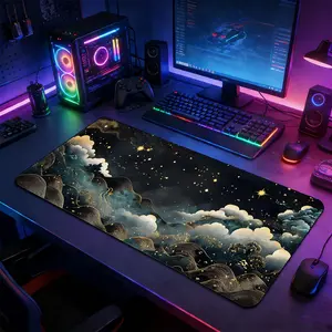 Golden Line Starry Sky Cloud Sea Oriental Art Large Desk Mat,XXL Extended Gaming Mouse Pad, Non-Slip Rubber Base with Stitched Lock Edge, Washable Desktop Protection Pad for Home Office, Ideal Gift for Celestial Art & Oriental Aesthetic Fans