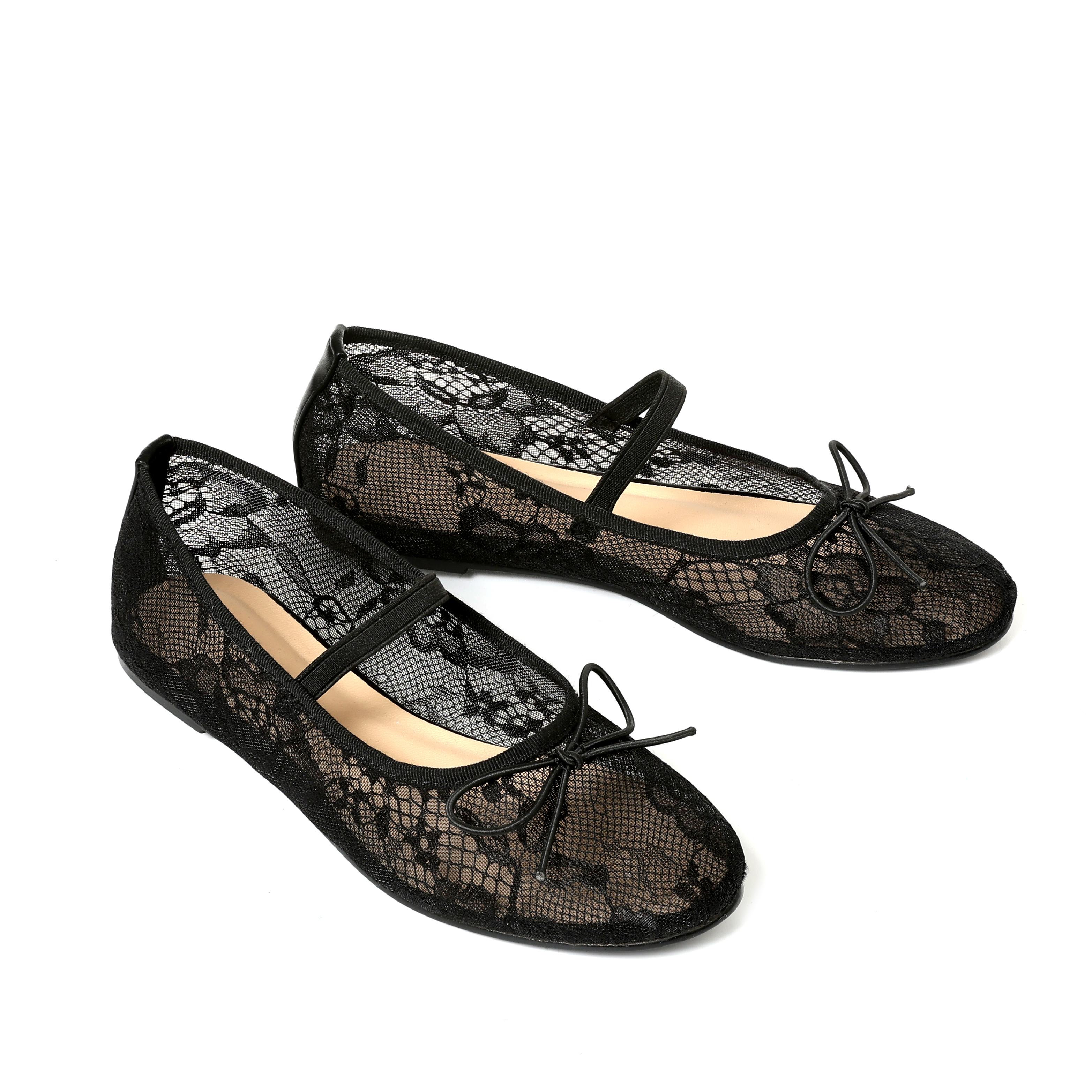 CELNEPHO Ballet Flats for Women Round Toe Flat Heel Comfortable Mesh Sandals Lace Strap Design Easy Slip on Mary Jane Everyday Wear Date Gift Dress Shoes