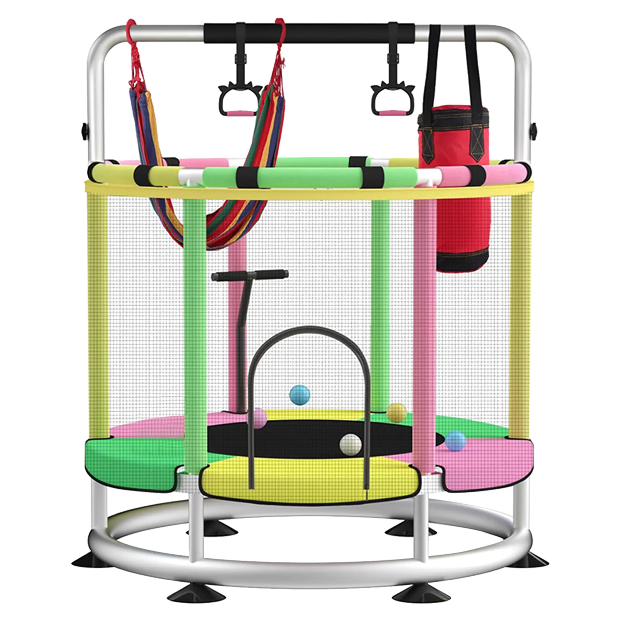 Trampoline for Kids,  440lbs Capacity Baby Trampoline with Enclosure,55" Toddler Trampoline Indoor & Outdoor, No-Gap Safe Design, Anti-Rollover Round BottomMini Trampoline with Adjustable Gymnastics Bar&7 Toys, Gifts for Boys&Girls,Christmas Gift