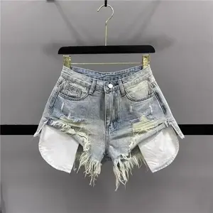 Korean Vintage Blue Sexy Ripped Jeans for Women Patchwork A-line High-waisted Denim Ultra Shorts Bottoms Womenswear(Sheet)