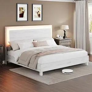 AMERLIFE Wood Bed Frame with RGBW LED Light, Mid-Century Modern Platform Bed with Floating Headboard and Solid Wood Legs, No Box Spring Needed, Easy Assembly