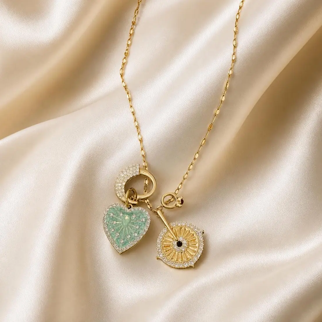 Retro Gold Layered Necklace for Women with Sunburst & Mint Green Enamel Heart Pendants - Alternative Fashion Jewelry for Vintage Dresses, Birthday Gift, Gold Aesthetic