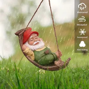 [Cute Gnomes] Cute 1pc Garden Gnomes Decorations | Resin Sleepy Gnome In Swing Leaf Hammock Tree Ornaments Figurines For Yard Hanging Outdoor Gifts