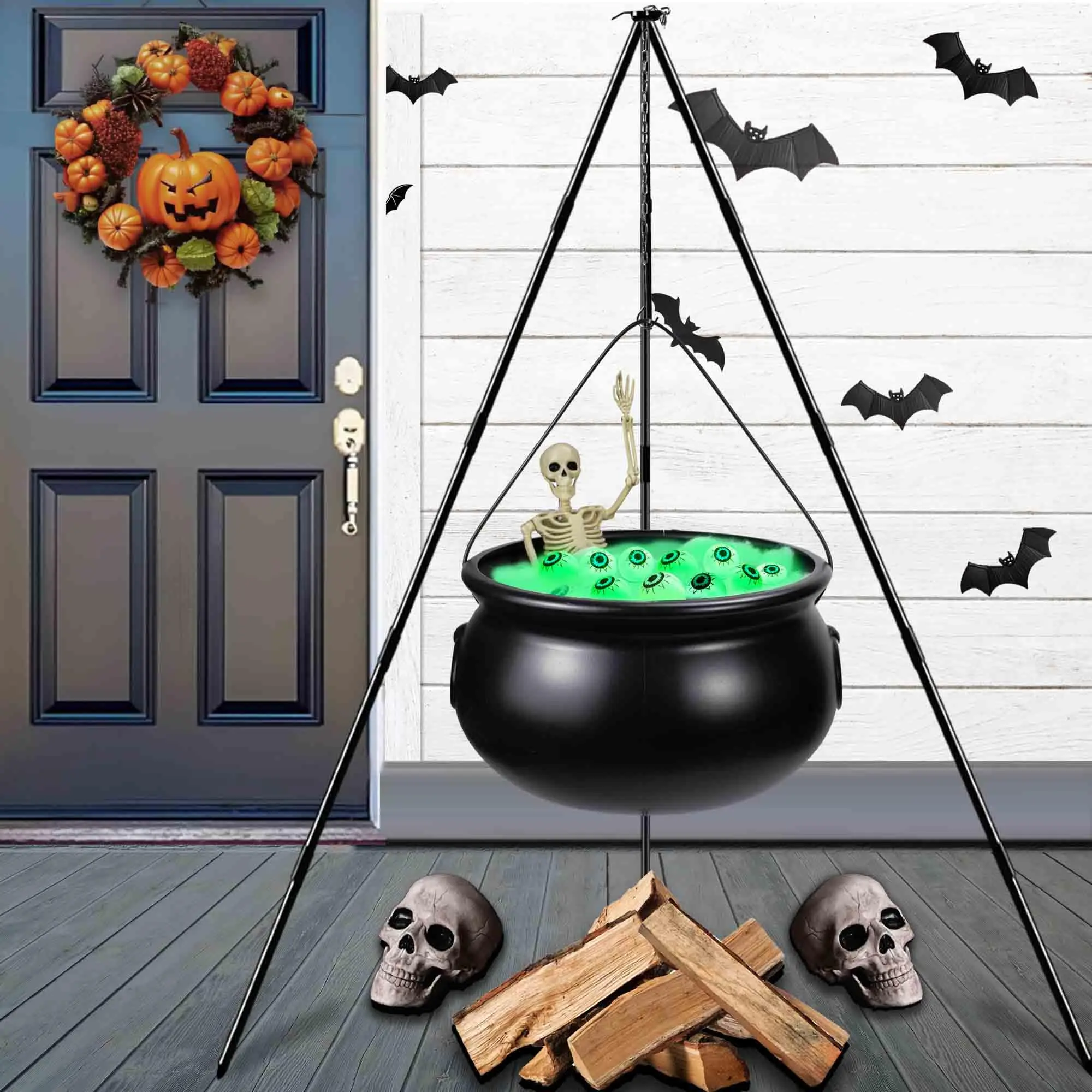Outdoor Decorations  Witches Cauldron For Yard Witch Decor Indoor With Tripod Eyeballs String Lights And Skeleton Home & Porch
