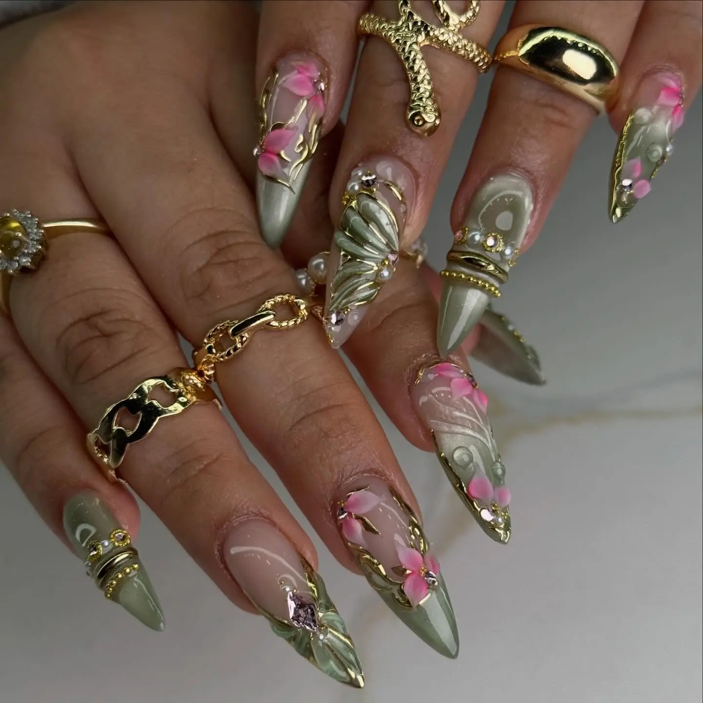 (Made to Order) Female Handmade Decorative Nails - Enchanted Garden Dewdrop Cateye, 3D Sculpted Pink Floral, Gold Vine Shimmery Eventwear Fashion Hand Accessories, Crafted with Care, Check Size Guide