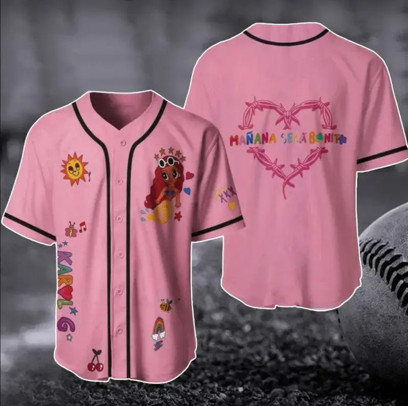 K-Karol Tropicoqueta Baseball Jersey for Men & Women, Pink Graphic Button Down Shirt, Viajando Por El Mundo Apparel