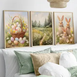Set of 3 Spring Rabbit Flower Basket Easter Wall Art Print, Retro Wildflower Landscape Painting, Easter Egg Poster, Floral Boho Print, Floral Aesthetic Pattern, Floral Prints, Farmhouse Wall Decoration, Spring Decoration, Home Decor