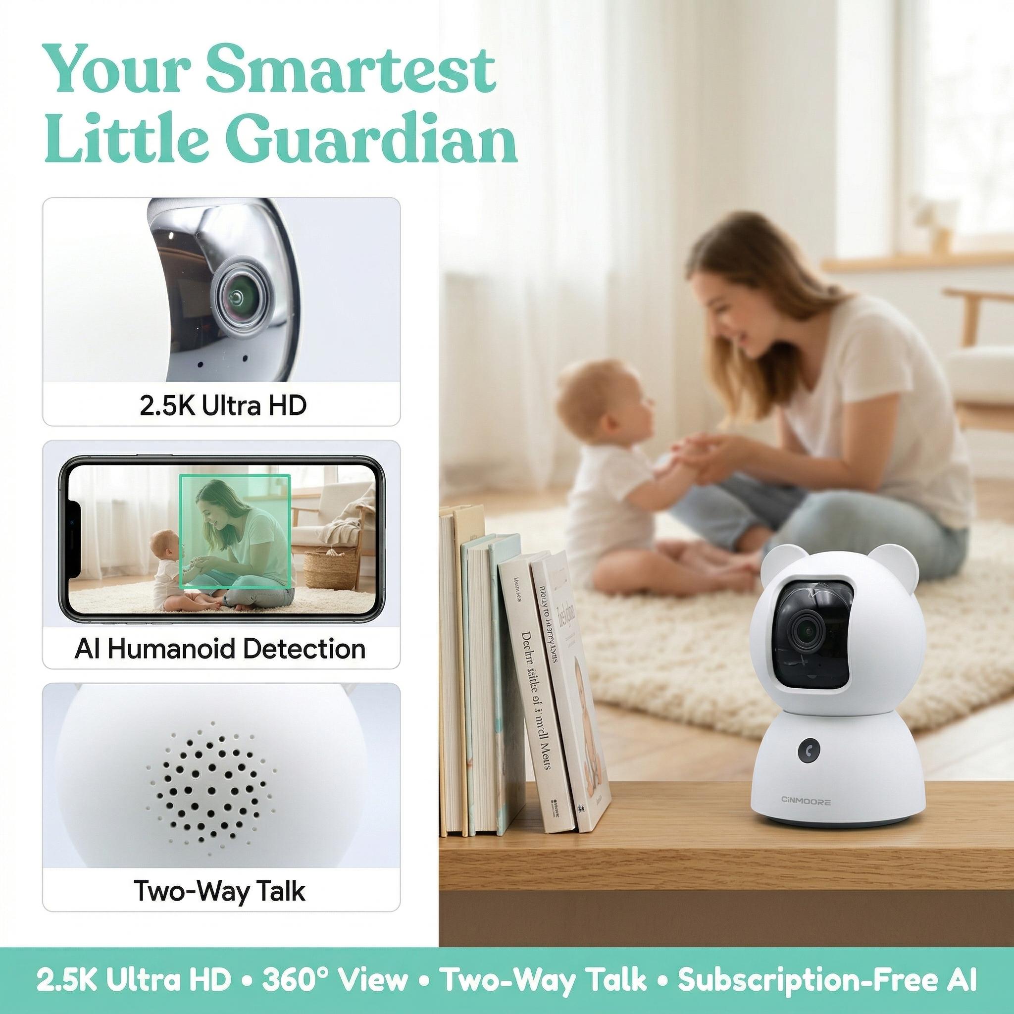 2.5K Security Camera Indoor, Non-Subscription AI Person/Pet/Cry Detection, 4MP Pet/Dog/Cat Camera w/Phone App, Pan Tilt 2.4GHz WiFi Cameras for Home Security, Full Duplex 2-Way Audio, IR Night Vision