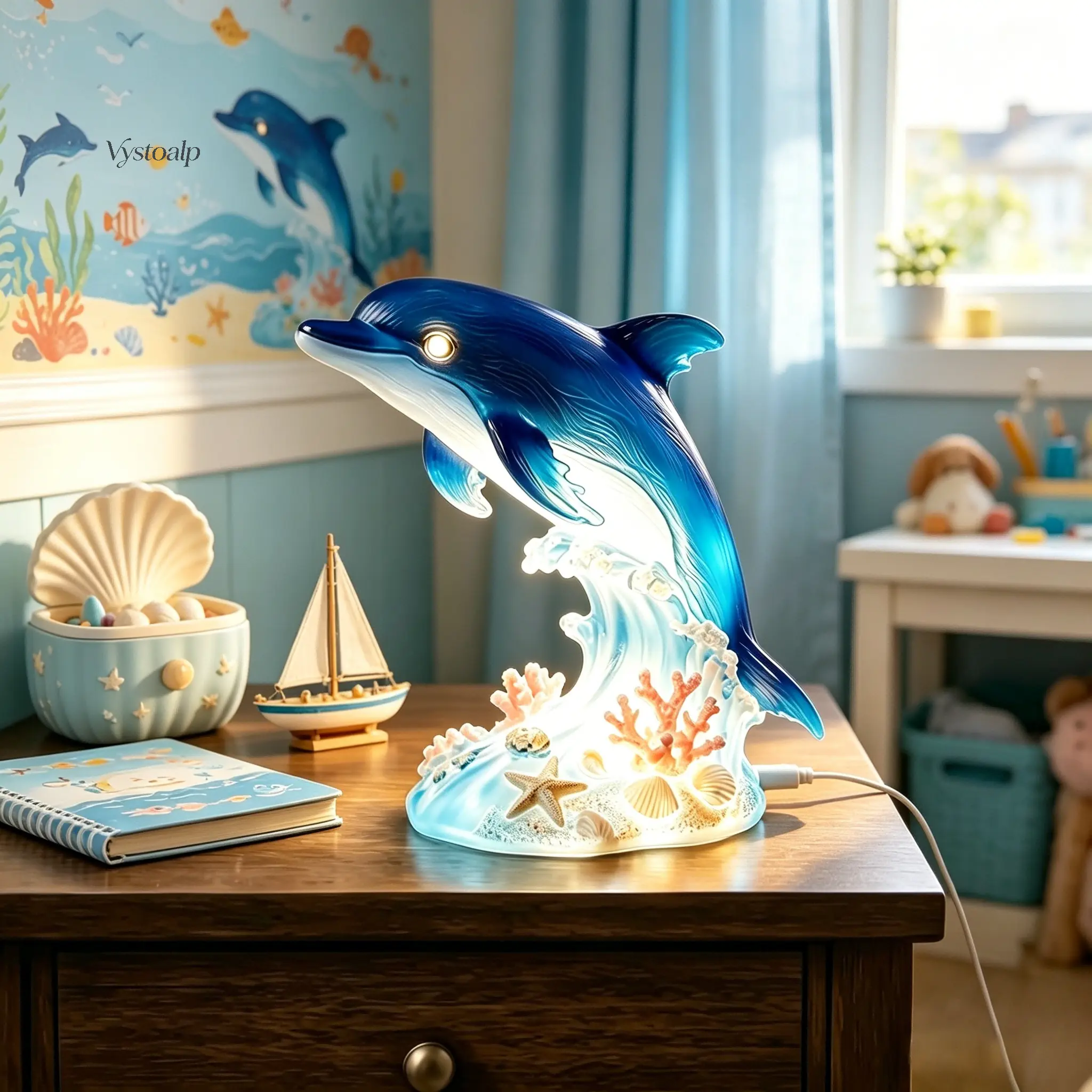 Dolphin Statue Night Light - Resin Marine Theme Decorative Lamp Sculpture, Oceanic Indoor Bedside Home Office Desk Ornament