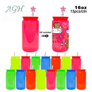 AGH [New Arrived] 15pcs 16 oz neon Color Plastic Cans with Straw Topper Mixed Color Mason Jars neon color Tumblers Cups for DIY Gifts  Drinkware Portable