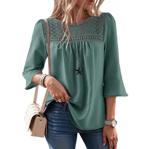 Dokotoo Women's 2026 Fall Fashion Tops 3/4 Sleeve Crewneck Shirts Casual Boho Lace Blouses