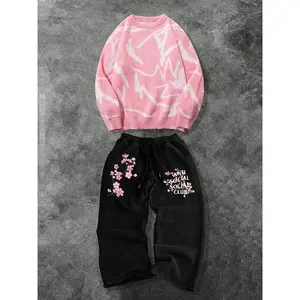 Men’s fashion casual two-piece set, soft and comfortable crewneck sweater and drawstring straight-leg checkered wide-leg pants GARMENTARY