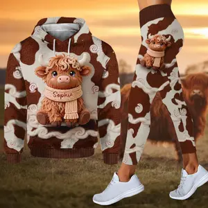 Cute Highland Cow – Personalized Highland Cow Hoodie and Leggings Set, Custom Name Farm Animal Outfit, Cozy Gift for Women