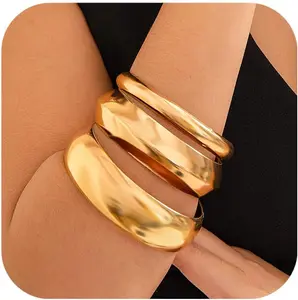 Summit 116-12 Quick Kill Mosquito3PCS Chunky Gold Bangle Bracelets for Women Trendy Wide Wrist Cuff Bracelets Stack Statement Bangle Fashion Jewelry Gift