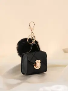 Fashionable Women's Floral Lock Buckle Small Bag Charm, Fashion Bag Charms, Travel Vacation Hanging Decoration, Mini Purse Pendant with Fuzzy Ball Earphone Holder
