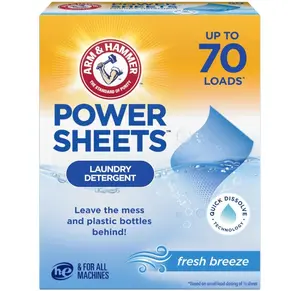 ARM & HAMMER Power Sheets Laundry Detergent, Fresh Breeze Scent, No Mess, Lightweight and Travel-Friendly, 35 Count, Up to 70 Small Loads