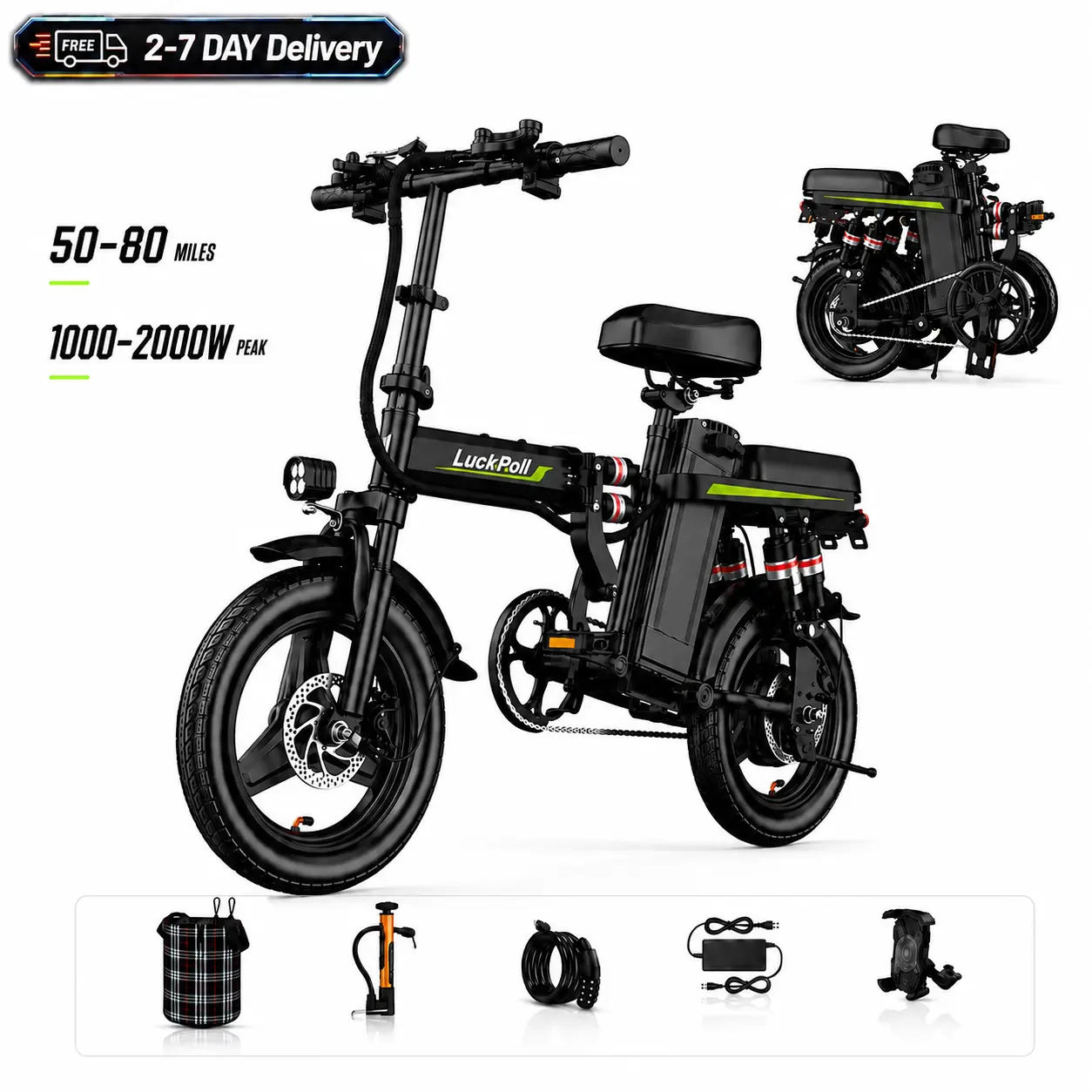 14" Lightweight Folding Electric Bike for Adults, Up to 2000W Peak Ebike, 50-80 Mi Range, UL2849 Certified Compact Urban Commuter Bicycle