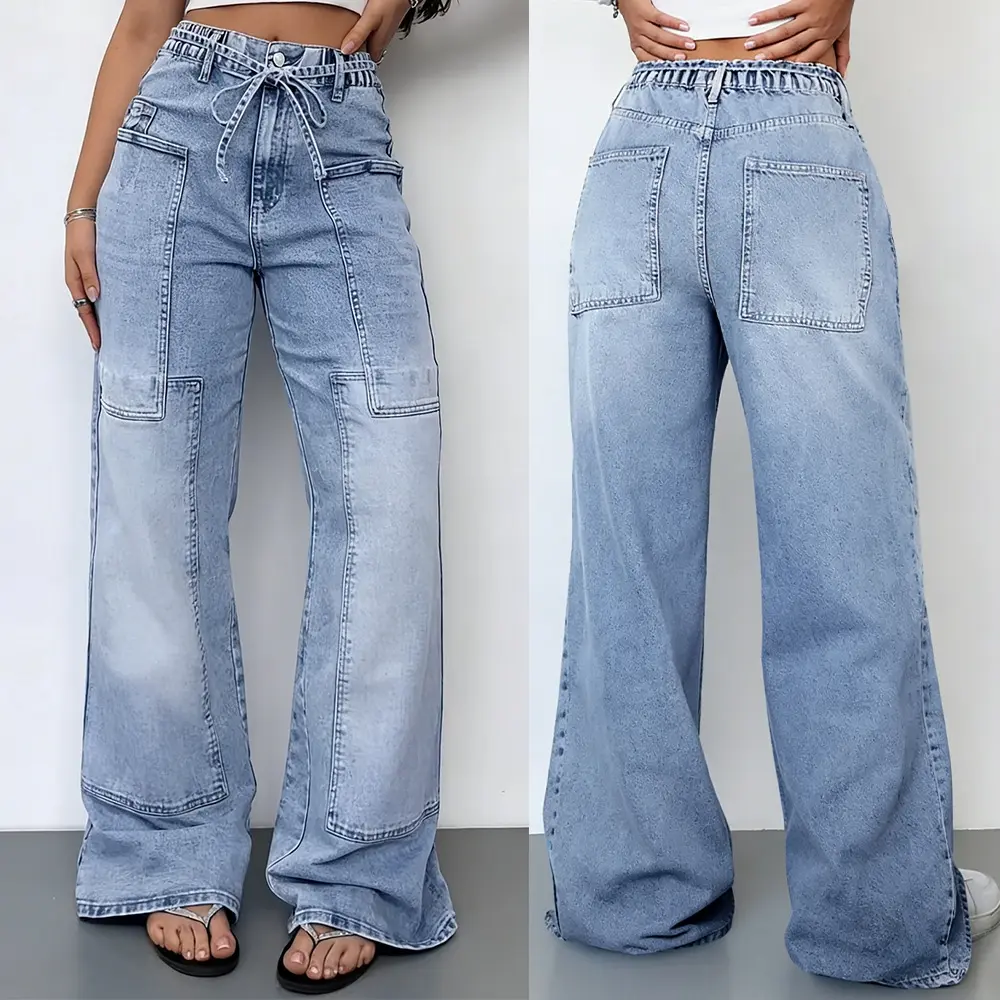 Women's Vintage Streetwear Baggy Jeans, High-Waisted Wide-Leg Cotton Blend Denim with Drawstring - Elevated Casual Valentines Day Style, Pocket, Oversize, Bottom, Thanksgiving, Knot