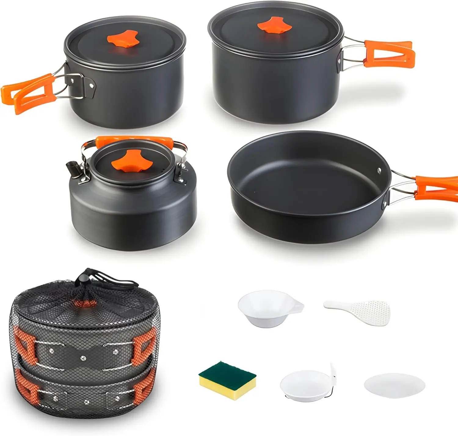 Collapsible Camping Cookware Set, Portable 4-in-1 Outdoor Camping pots and Pans Set with Nonstick Frypan, Pot, Kettle & Carry Bag, Hard-Anodized Aluminum for Camping, Hiking (2-6 Person)