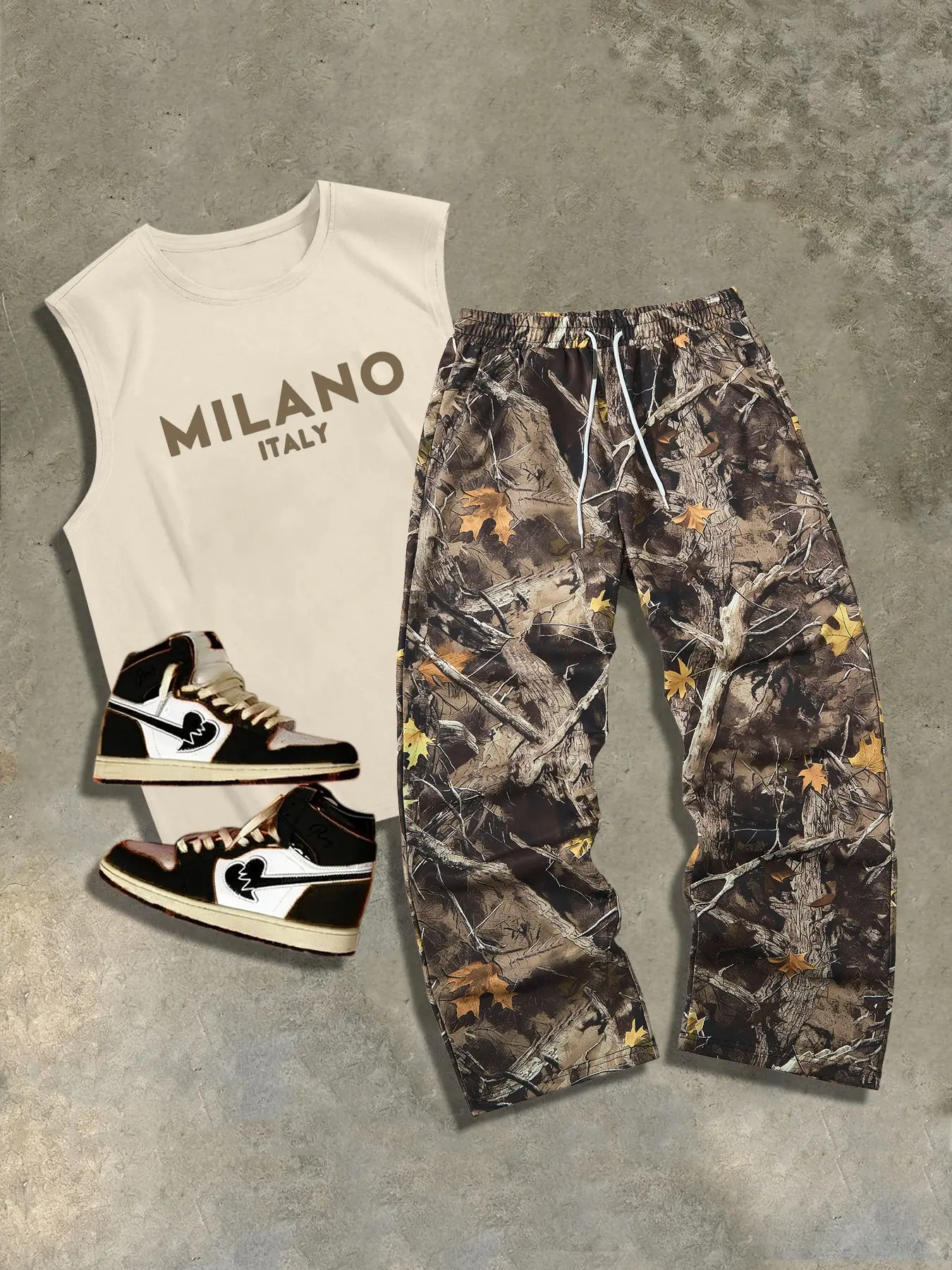 Tikmen Men's Summer Casual Sportswear Set, Athleisure Workout Set, Loose-Fitting Tank Top & Pants, Branch Print Design, Streetwear Tracksuit Set