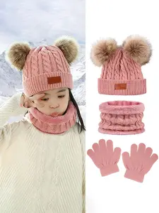 Teen Winter Knit Hats Set, Unisex Warm Beanie Caps with Double Pom Poms, Cozy Knitted Hat for Men Women Kids, 3 Piece Bundle