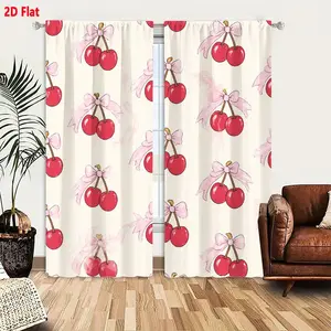 2D Flat  2-Piece Cherry Curtain Set, Whimsical Red Cherries with Pink Bows on Light Beige Background, Glossy Round Cherries & Delicate Bow Patterns, Pastel Cheerful Playful Design for Kids Room Living Room Window Decor