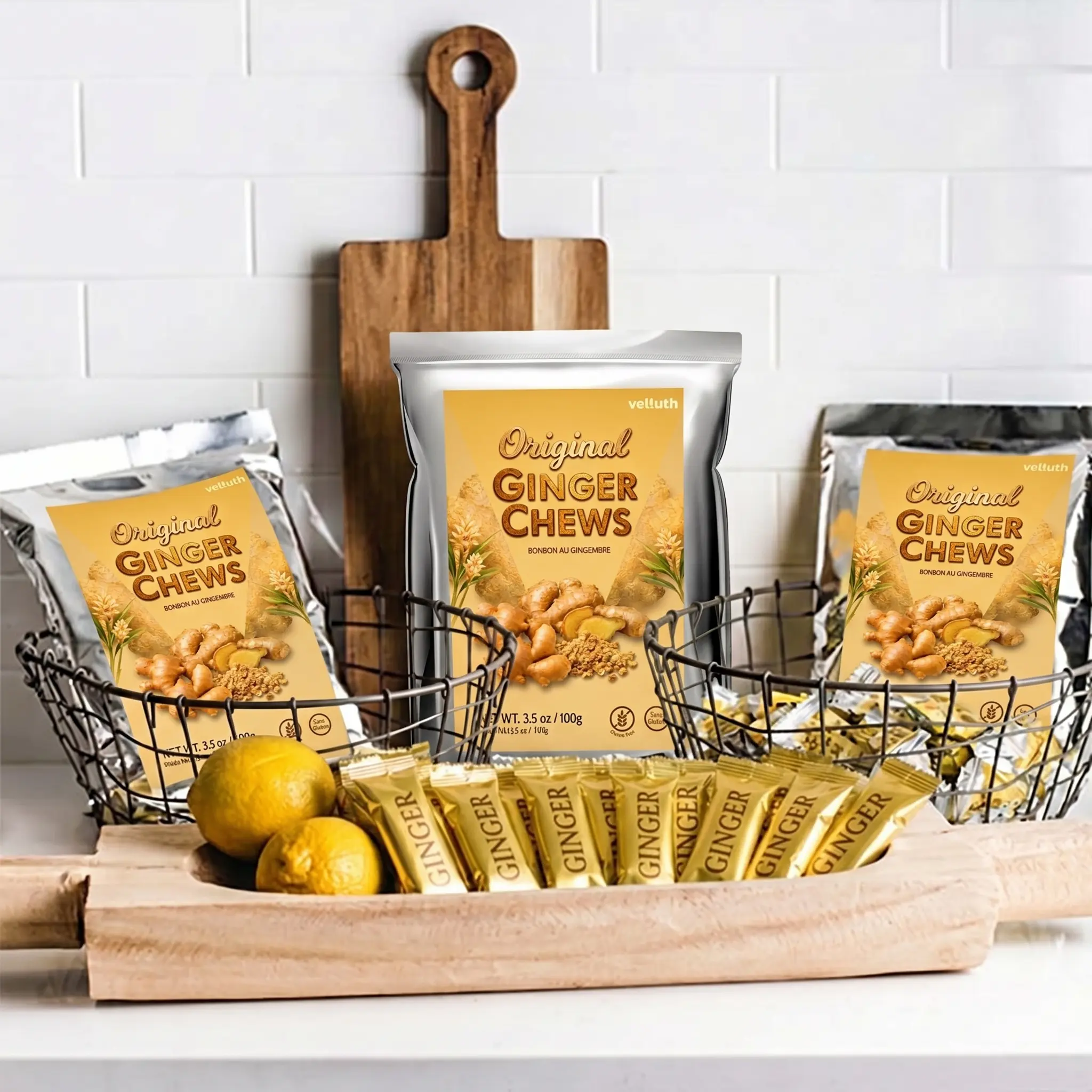 Ginger-flavored chewy candies to soothe stomach discomfort; gluten-free chews suitable for all ages. Each 3.5 oz resealable bag makes a great bulk treat for holiday gifts, party favors, and stocking stuffers.
