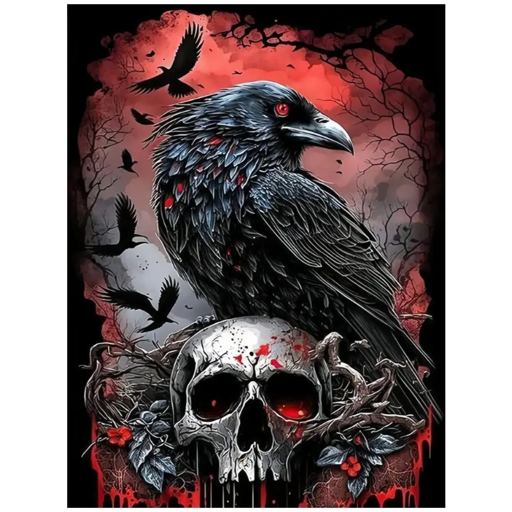 Gothic Raven on Blood Skull with Red Sky, Multiple sizes available including square and round diamonds. This 5D DIY diamond painting set diamond art embroidery kit Diy Kits handmade furniture decor holiday birthday art personalized gift.