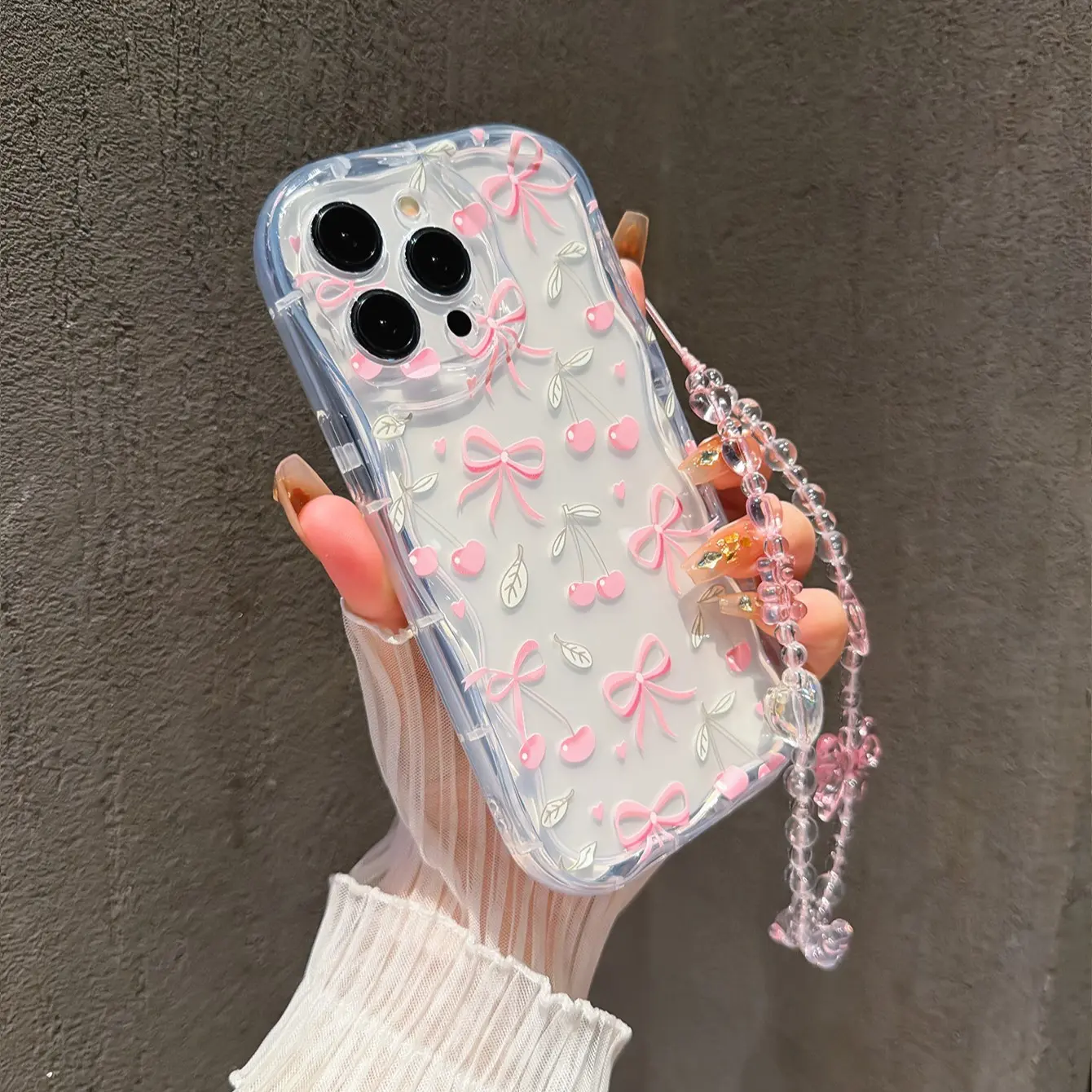 Sweet Bow Cherry Design Tpu Phone Case with Fashion Lanyard, Anti-Drop Wave Edge for Apple iPhone 17promax 16 16promax 11 13 14 15 X XS XR, Wavy