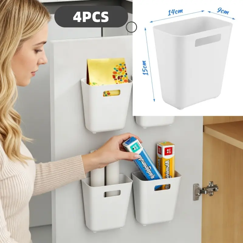 4 PCS Kitchen Cabinet Door Storage Boxes, Self-adhesive Wall-Hanging Storage Boxes, Suitable for Kitchen/Closet/Bathroom/Refrigerator, Small Item Storage Boxes