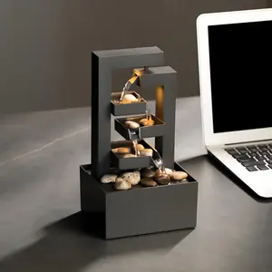 Modern Geometric 4-Tier Cascading Tabletop Water Fountain, Quiet Flowing Water Indoor Waterfall Decor with Natural River Rocks, Zen Meditation Calming Water Feature for Bedroom Office Desk, Stress Relief Home Decor Gift