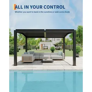 YJ-Garvee Louvered Pergola - 11'x13' Outdoor Pergolas with Adjustable Louvered Roof, Reinforced Aluminum Frame, Integrated Drainage System, Outdoor Gazebo for Deck, Patio, Backyard and Garden，Grey