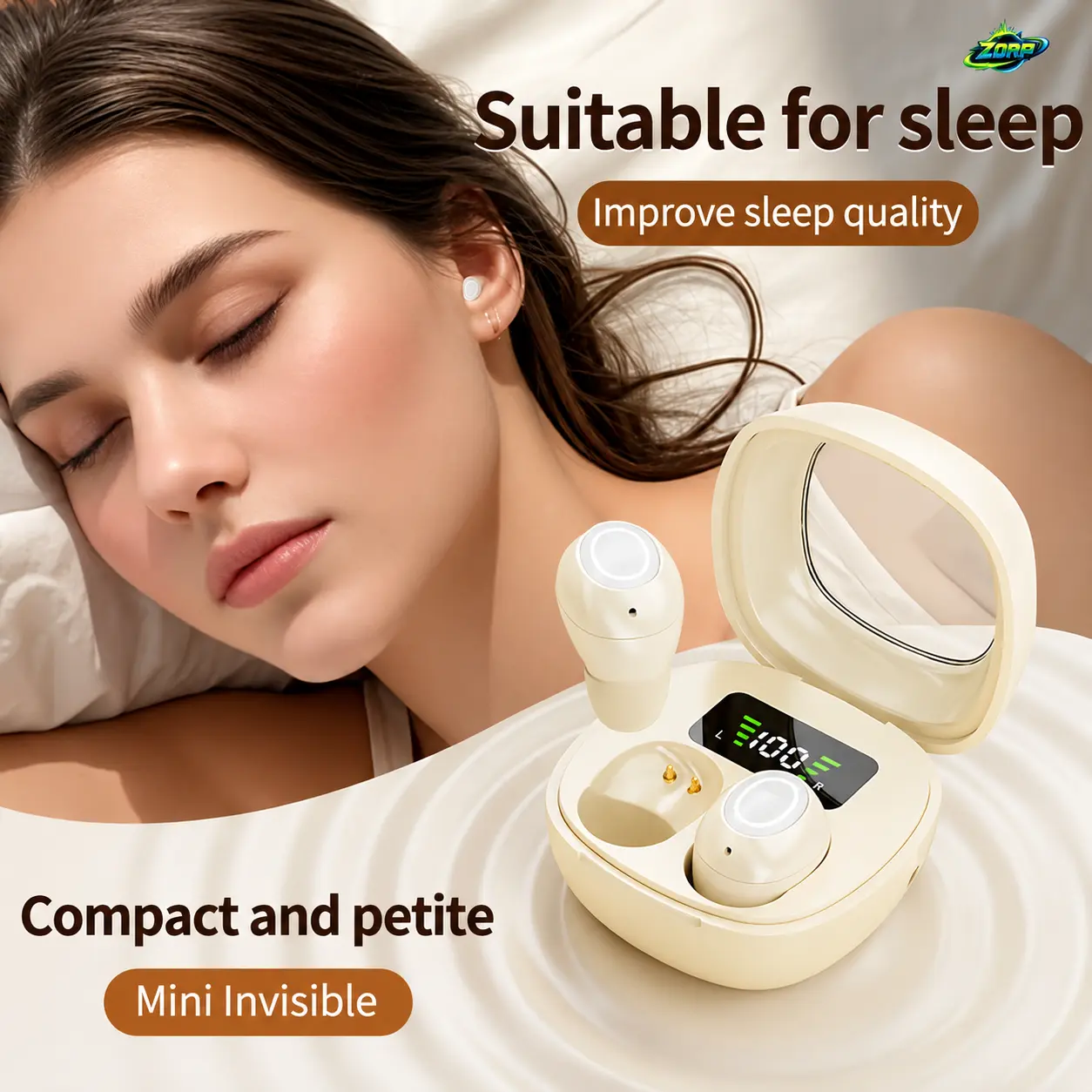 ZORP SK19 New Arrival This Year - Ultra-compact Invisible Wireless Earbuds, Comfortable Sleep Earbuds All Night Long, True Wireless Earbuds with Digital Battery Display, Perfect for Naps and Daily Relaxation, Immersive Bass, Active Noise Cancellation