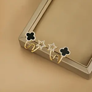 Exquisite black four-petal flower star earrings with rhinestones DDES0734, simple, fashionable, versatile earrings, 14K gold-plated