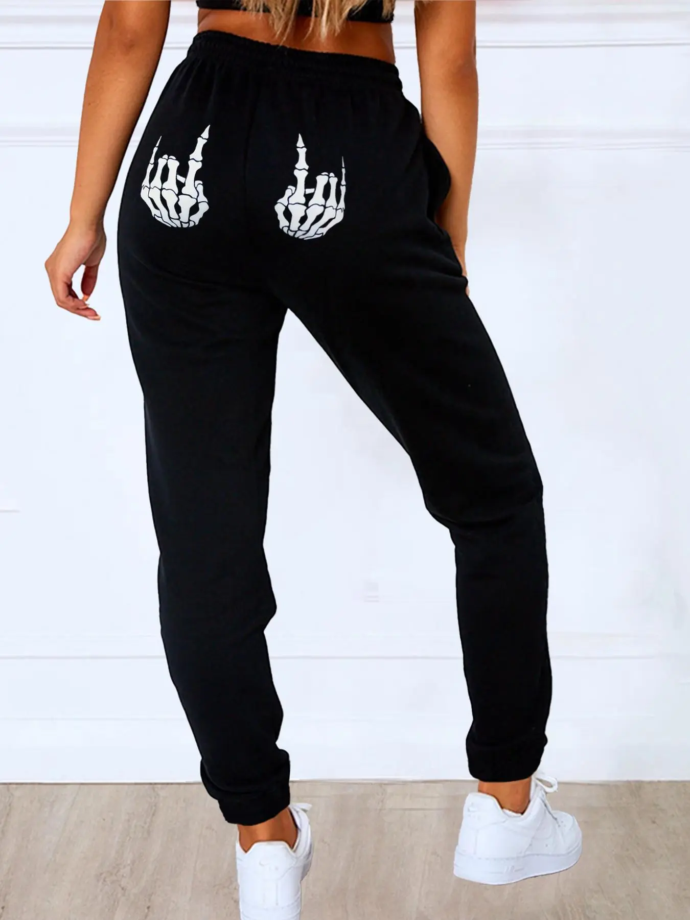 Women's Skeleton Hand Print Drawstring Waist Sweatpants, Casual Pocket Jogger Pants for Daily Wear, Ladies Bottoms for All Seasons